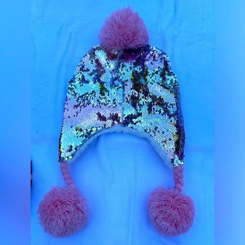 Pink Super Sequins pompom hat, for girls. pink and white with rainbow se…